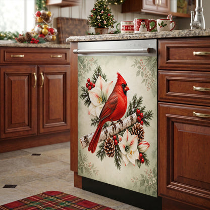 Christmas Magnetic Dishwasher Cover Winter Cardinal & Ivory Amaryllis