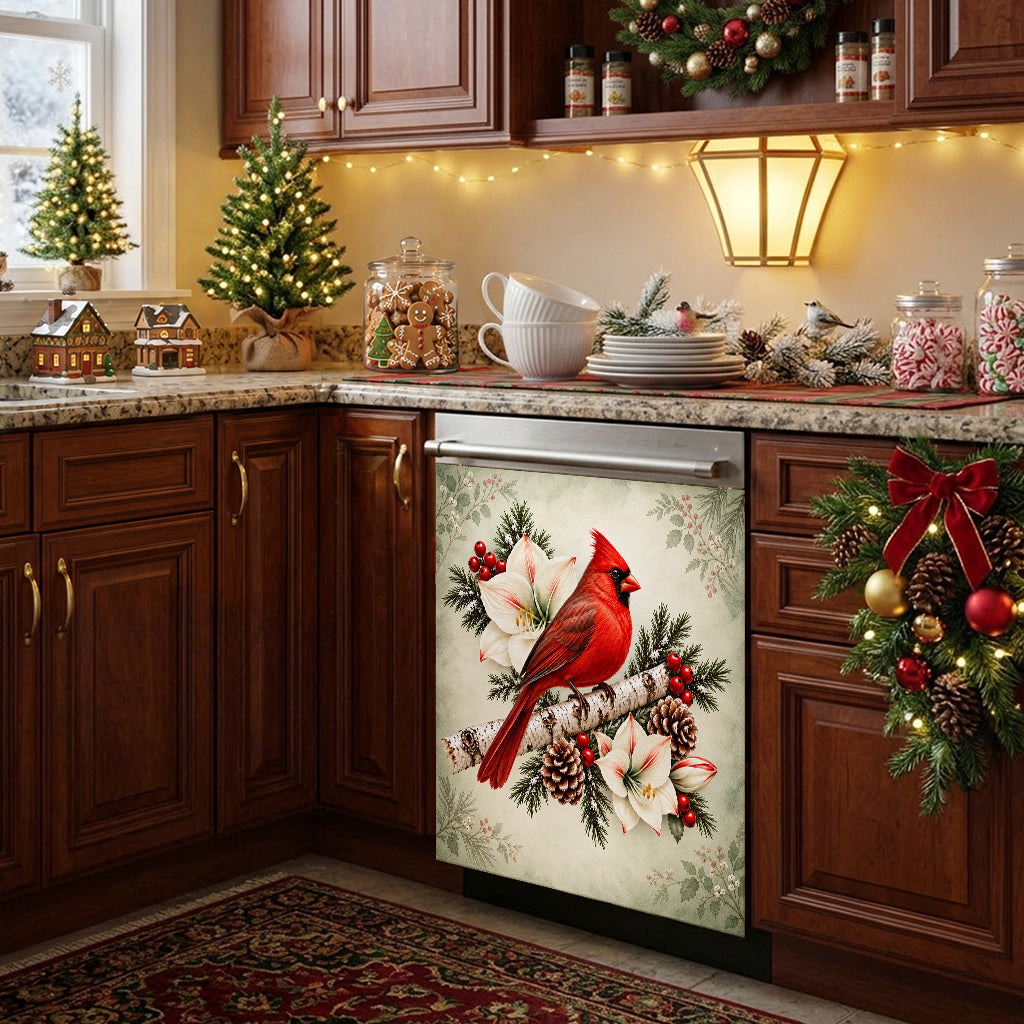 Christmas Magnetic Dishwasher Cover Winter Cardinal & Ivory Amaryllis