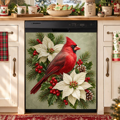 Christmas Magnetic Dishwasher Cover Winter Cardinal & Ivory Blooms