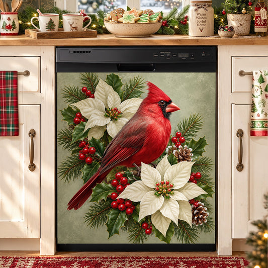 Christmas Magnetic Dishwasher Cover Winter Cardinal & Ivory Blooms