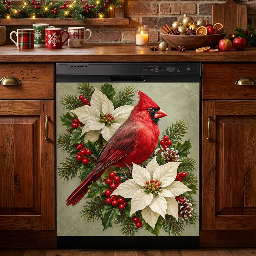 Christmas Magnetic Dishwasher Cover Winter Cardinal & Ivory Blooms