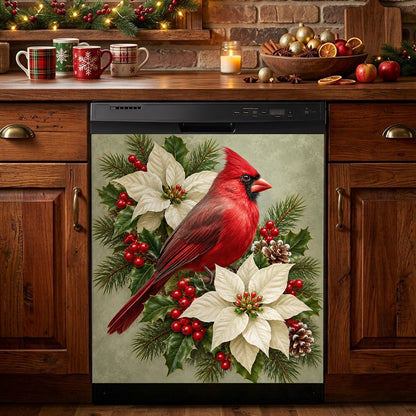Christmas Magnetic Dishwasher Cover Winter Cardinal & Ivory Blooms