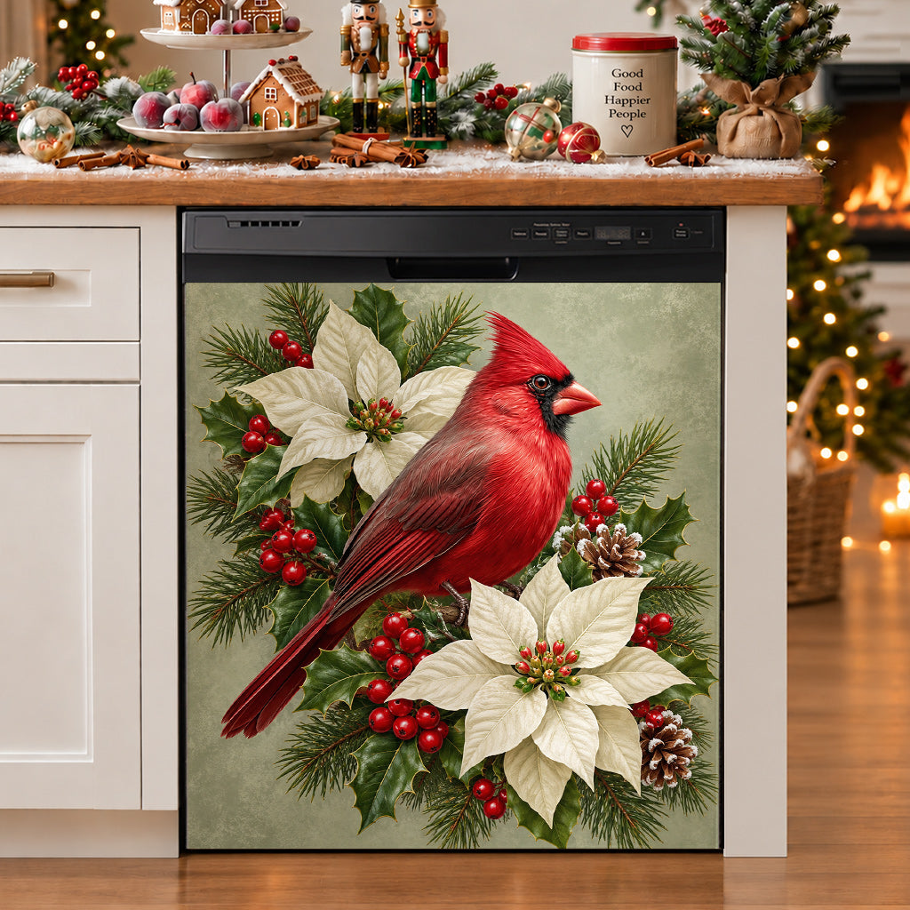 Christmas Magnetic Dishwasher Cover Winter Cardinal & Ivory Blooms