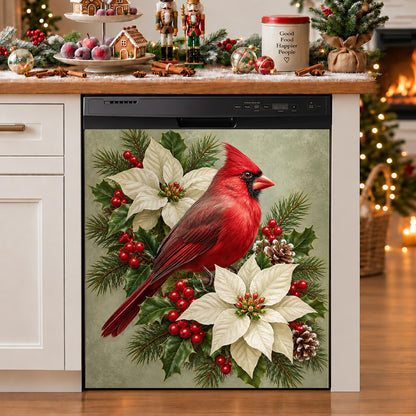 Christmas Magnetic Dishwasher Cover Winter Cardinal & Ivory Blooms