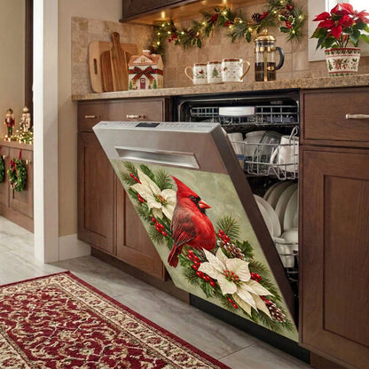 Christmas Magnetic Dishwasher Cover Winter Cardinal & Ivory Blooms