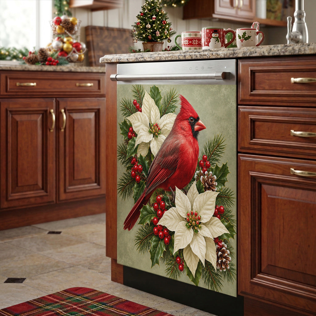 Christmas Magnetic Dishwasher Cover Winter Cardinal & Ivory Blooms