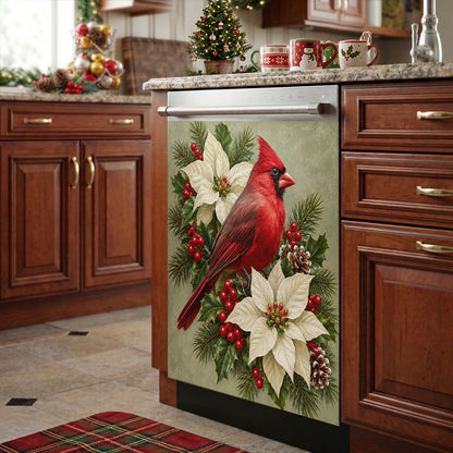 Christmas Magnetic Dishwasher Cover Winter Cardinal & Ivory Blooms