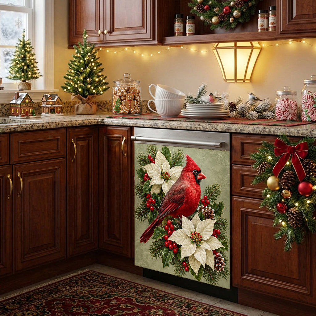 Christmas Magnetic Dishwasher Cover Winter Cardinal & Ivory Blooms
