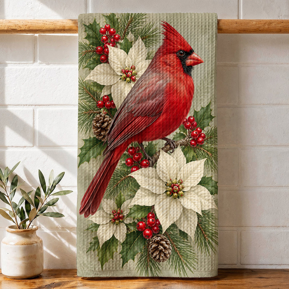 Cardinal Bird Kitchen Towel Winter Cardinal & Ivory Blooms