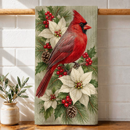 Cardinal Bird Kitchen Towel Winter Cardinal & Ivory Blooms