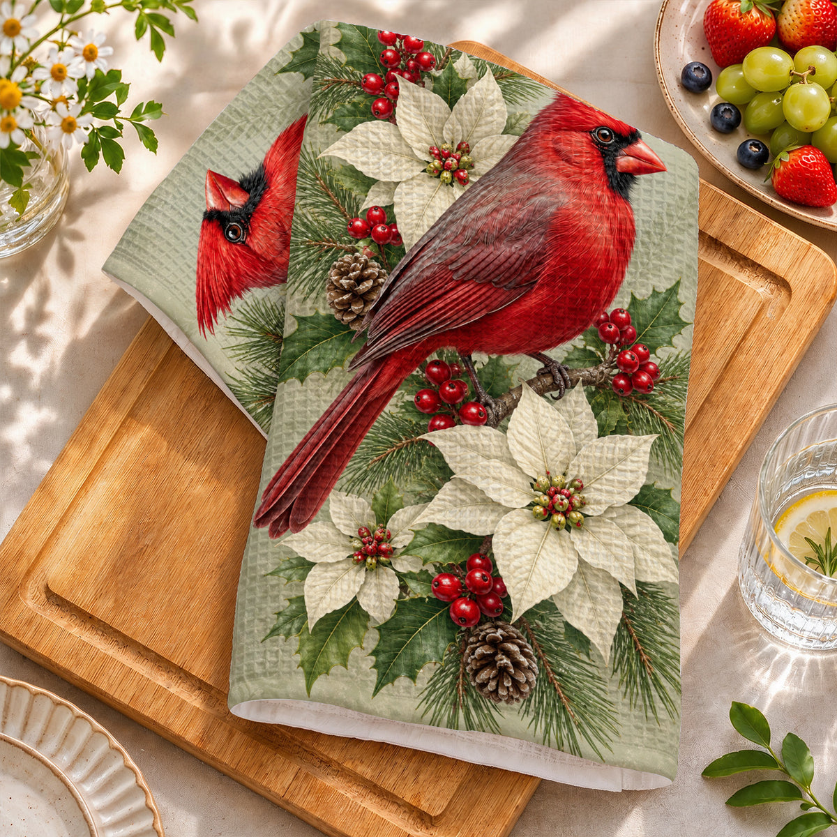 Cardinal Bird Kitchen Towel Winter Cardinal & Ivory Blooms