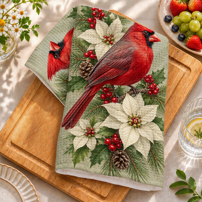 Cardinal Bird Kitchen Towel Winter Cardinal & Ivory Blooms