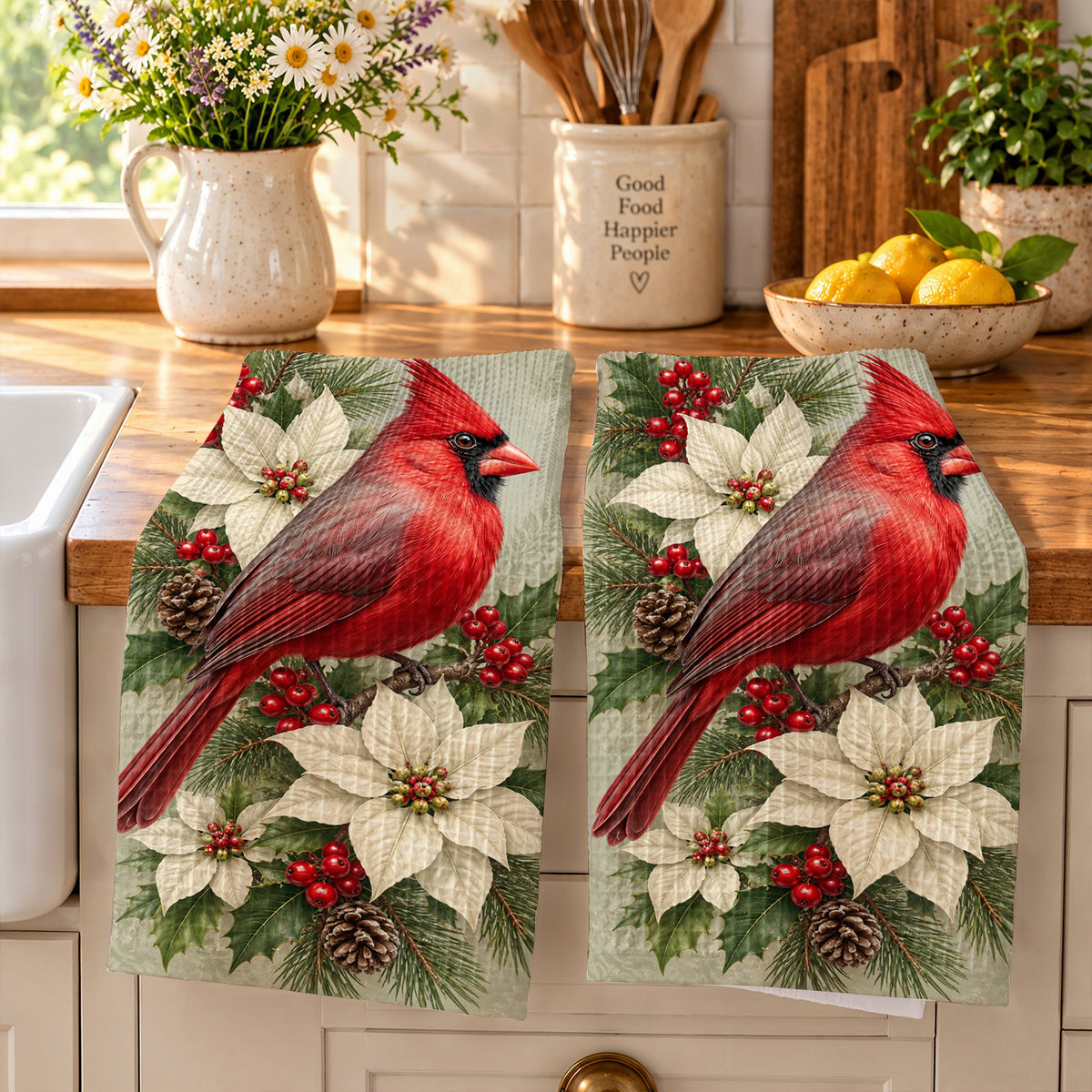 Cardinal Bird Kitchen Towel Winter Cardinal & Ivory Blooms