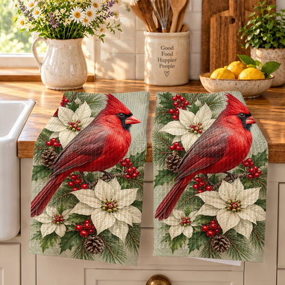 Cardinal Bird Kitchen Towel Winter Cardinal & Ivory Blooms