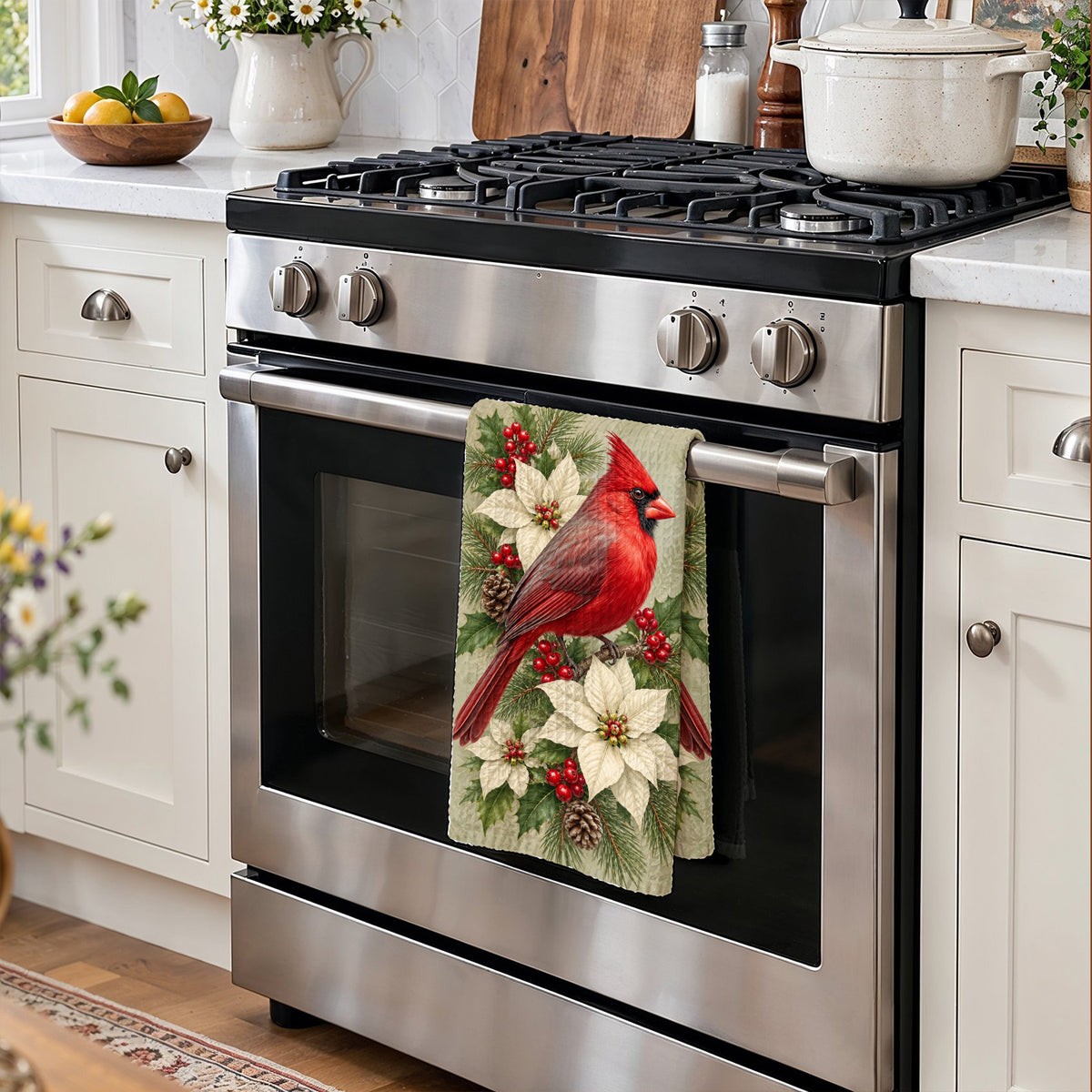 Cardinal Bird Kitchen Towel Winter Cardinal & Ivory Blooms