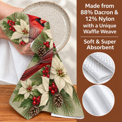 Cardinal Bird Kitchen Towel Winter Cardinal & Ivory Blooms