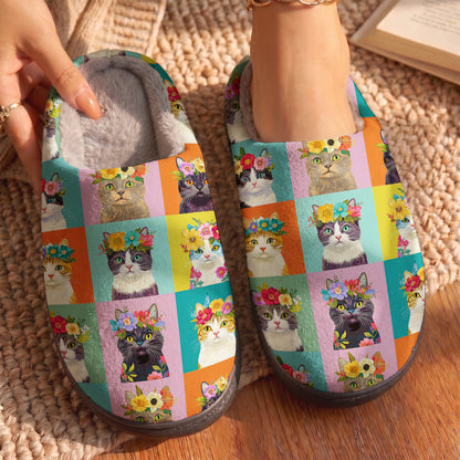Floral Cat Collection Fleece Lined Slippers