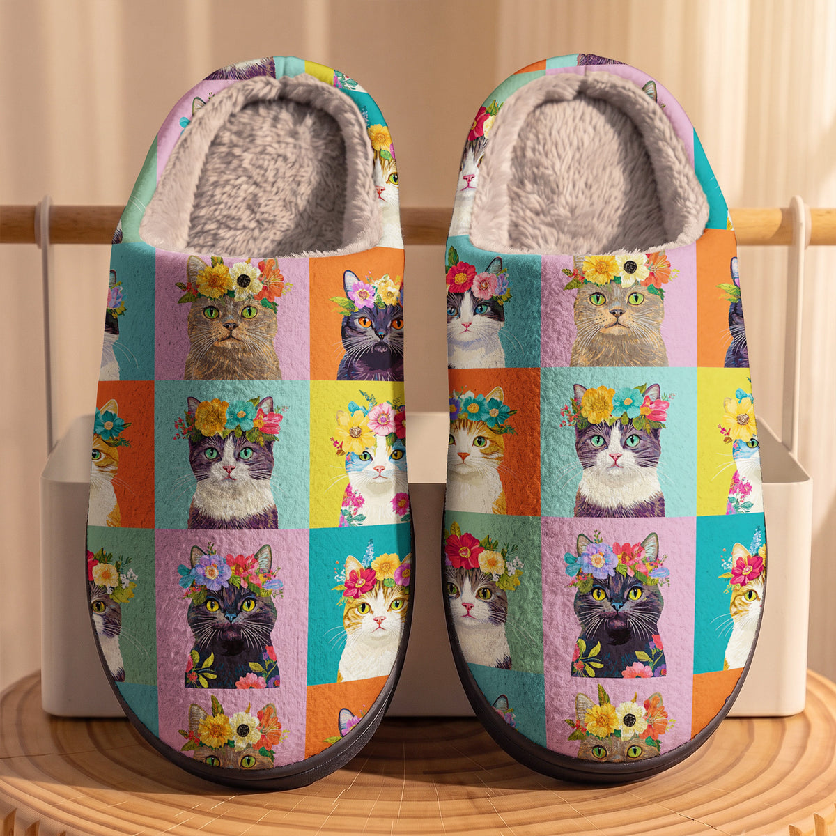 Floral Cat Collection Fleece Lined Slippers