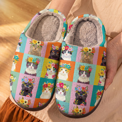 Floral Cat Collection Fleece Lined Slippers