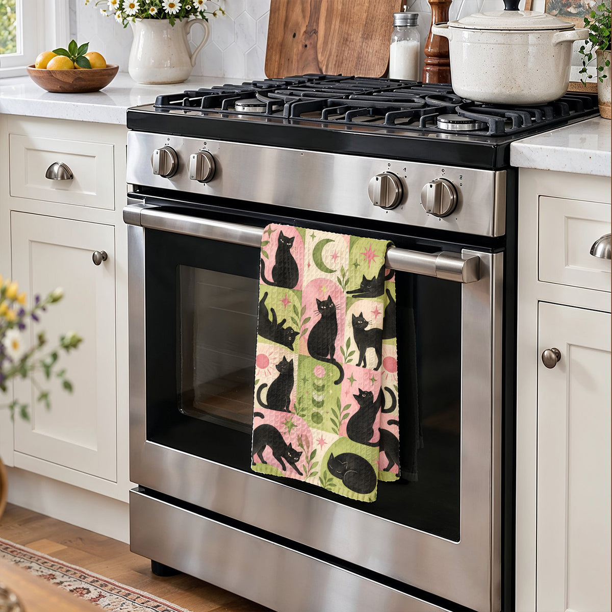 Black Cat Kitchen Towel Whimsical Retro Cats