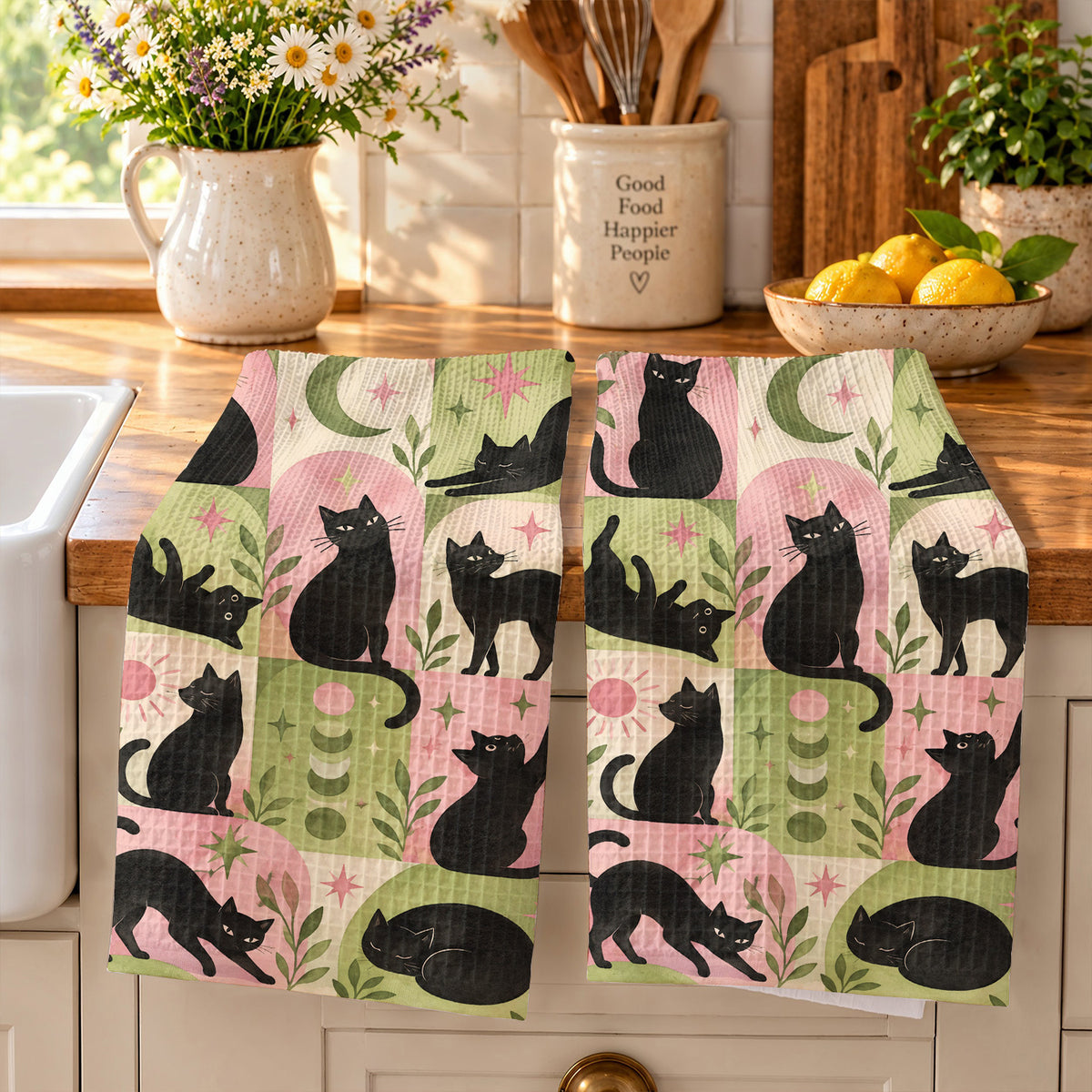 Black Cat Kitchen Towel Whimsical Retro Cats