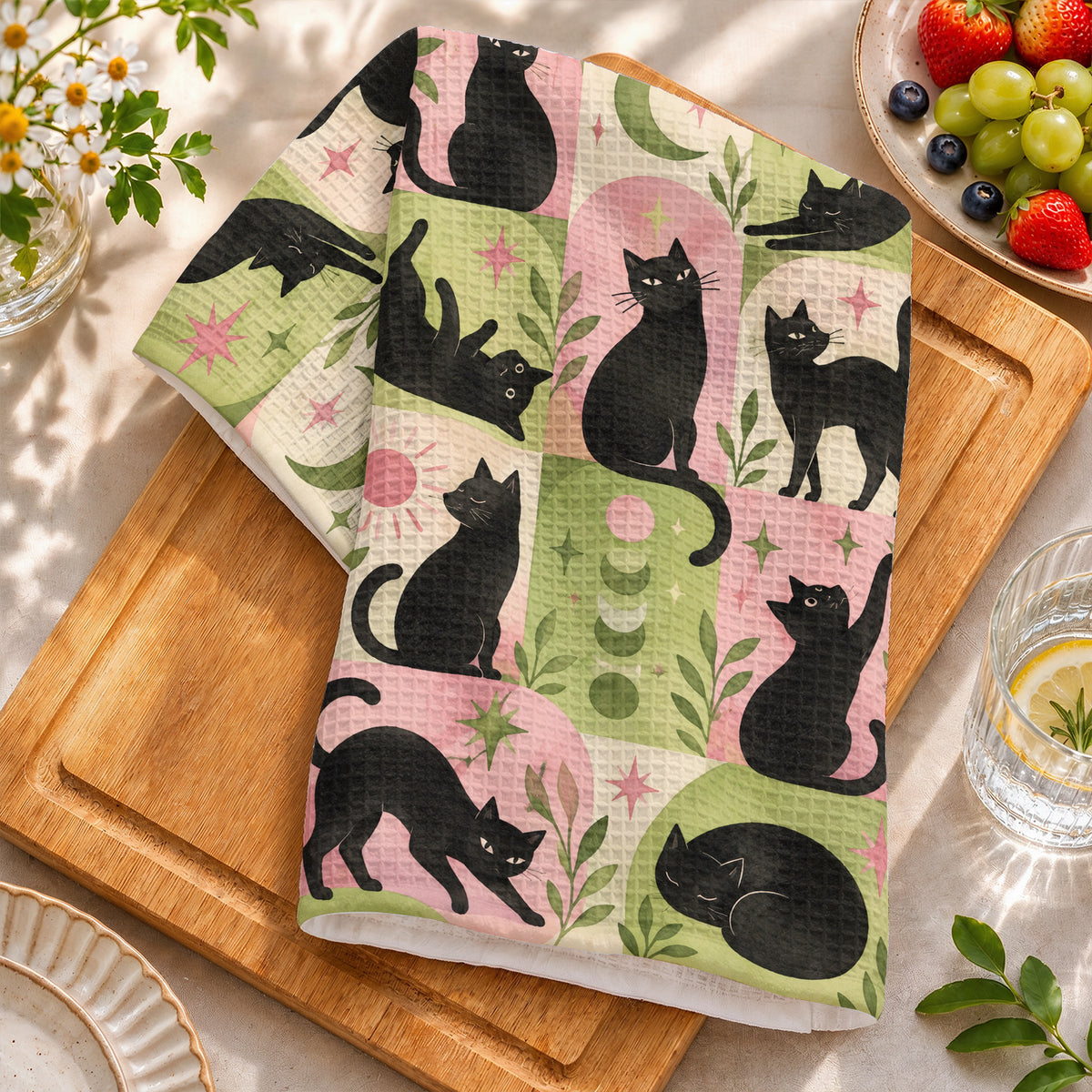 Black Cat Kitchen Towel Whimsical Retro Cats