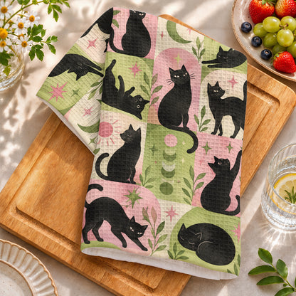 Black Cat Kitchen Towel Whimsical Retro Cats