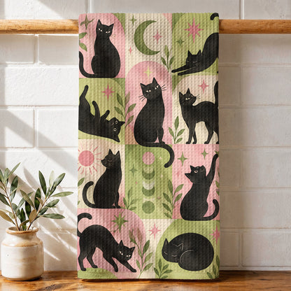 Black Cat Kitchen Towel Whimsical Retro Cats