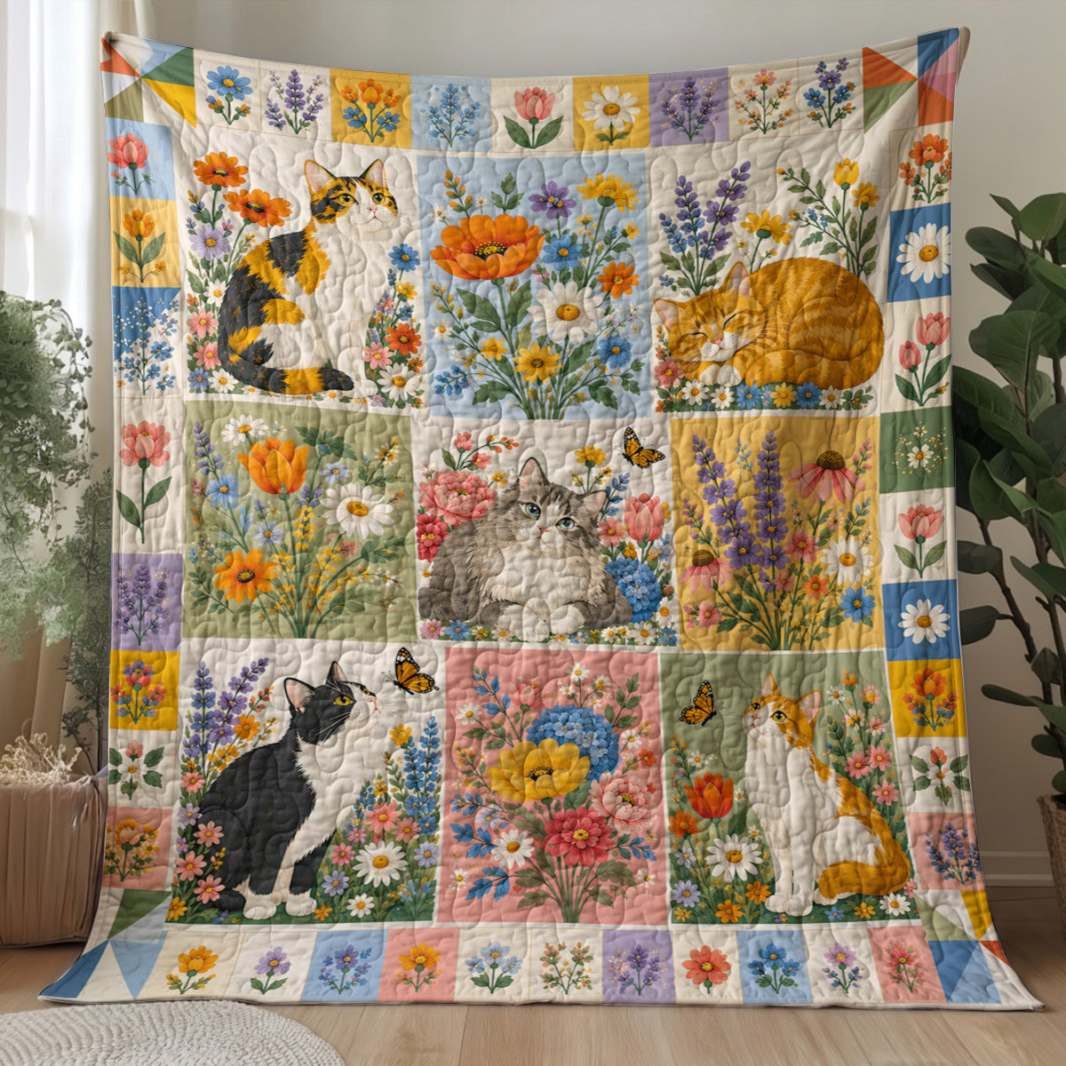 Cat Quilted Blanket Whiskers in Wildflower Bloom