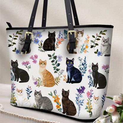 Cat Leather Tote Bag Charming Floral Cats