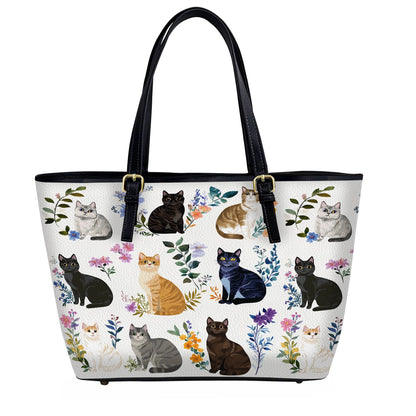 Cat Leather Tote Bag Charming Floral Cats