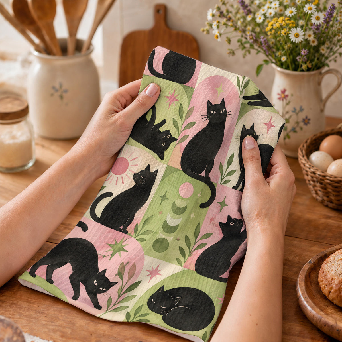 Black Cat Kitchen Towel Whimsical Retro Cats