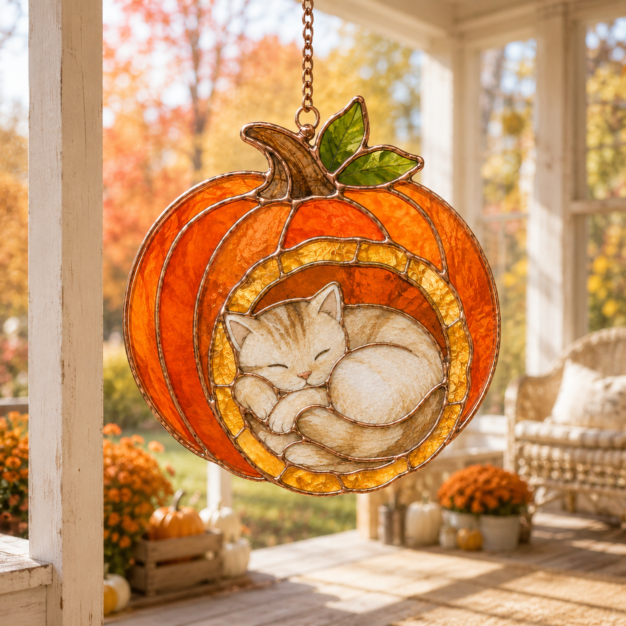 Cozy Pumpkin Cat Nap 3D Glass Suncatcher