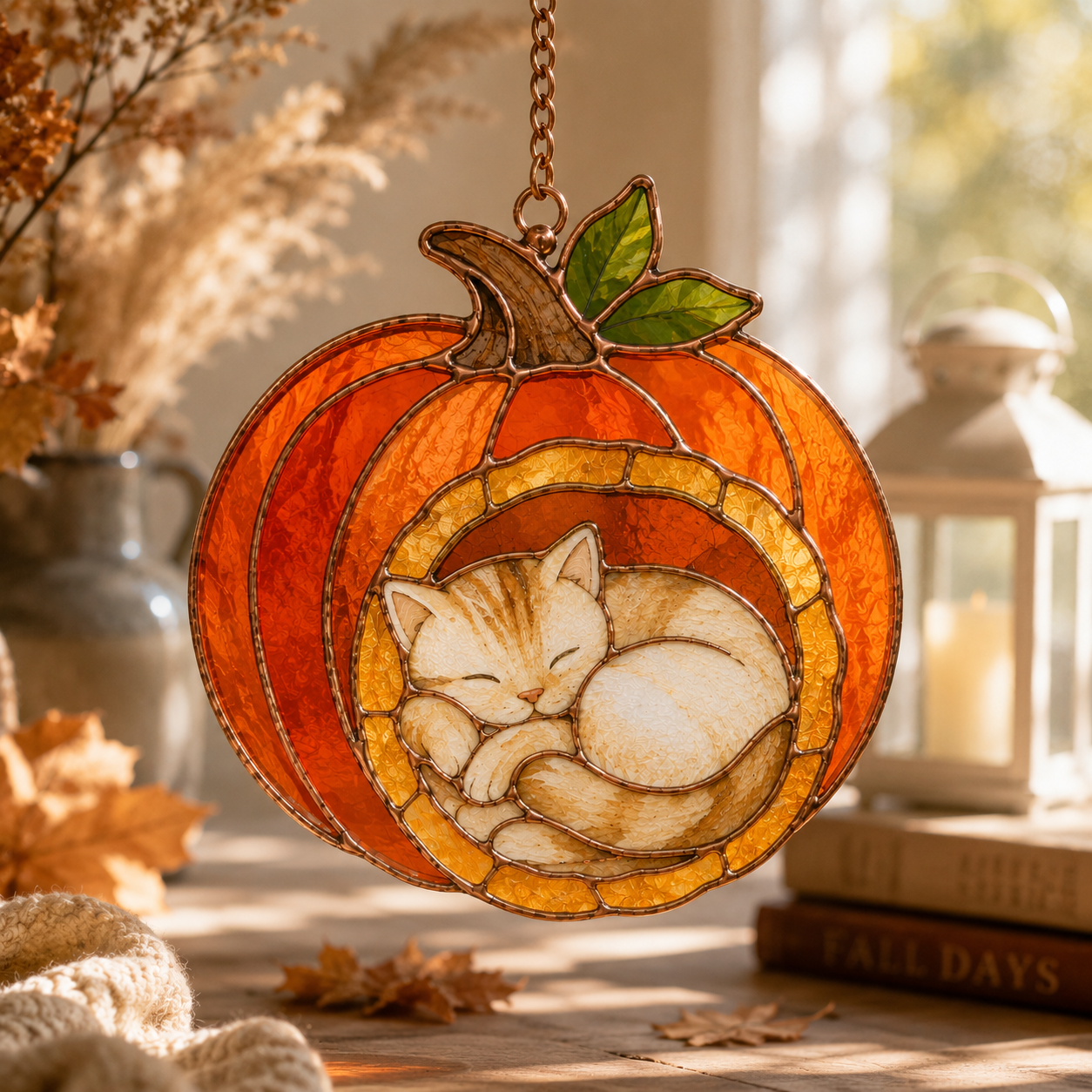 Cozy Pumpkin Cat Nap 3D Glass Suncatcher
