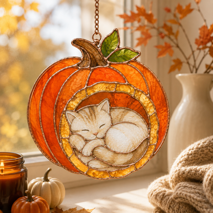 Cozy Pumpkin Cat Nap 3D Glass Suncatcher