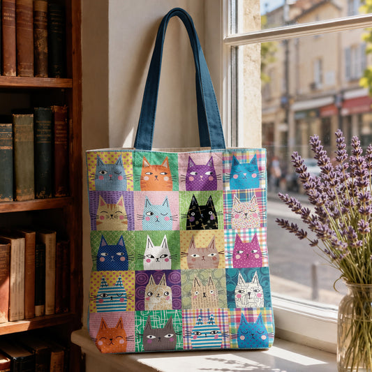 Cat Canvas Tote Bag Colorful Cat Patchwork