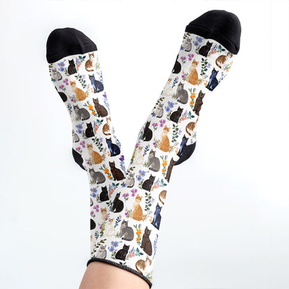 Cat Crew Socks Charming Floral Cats