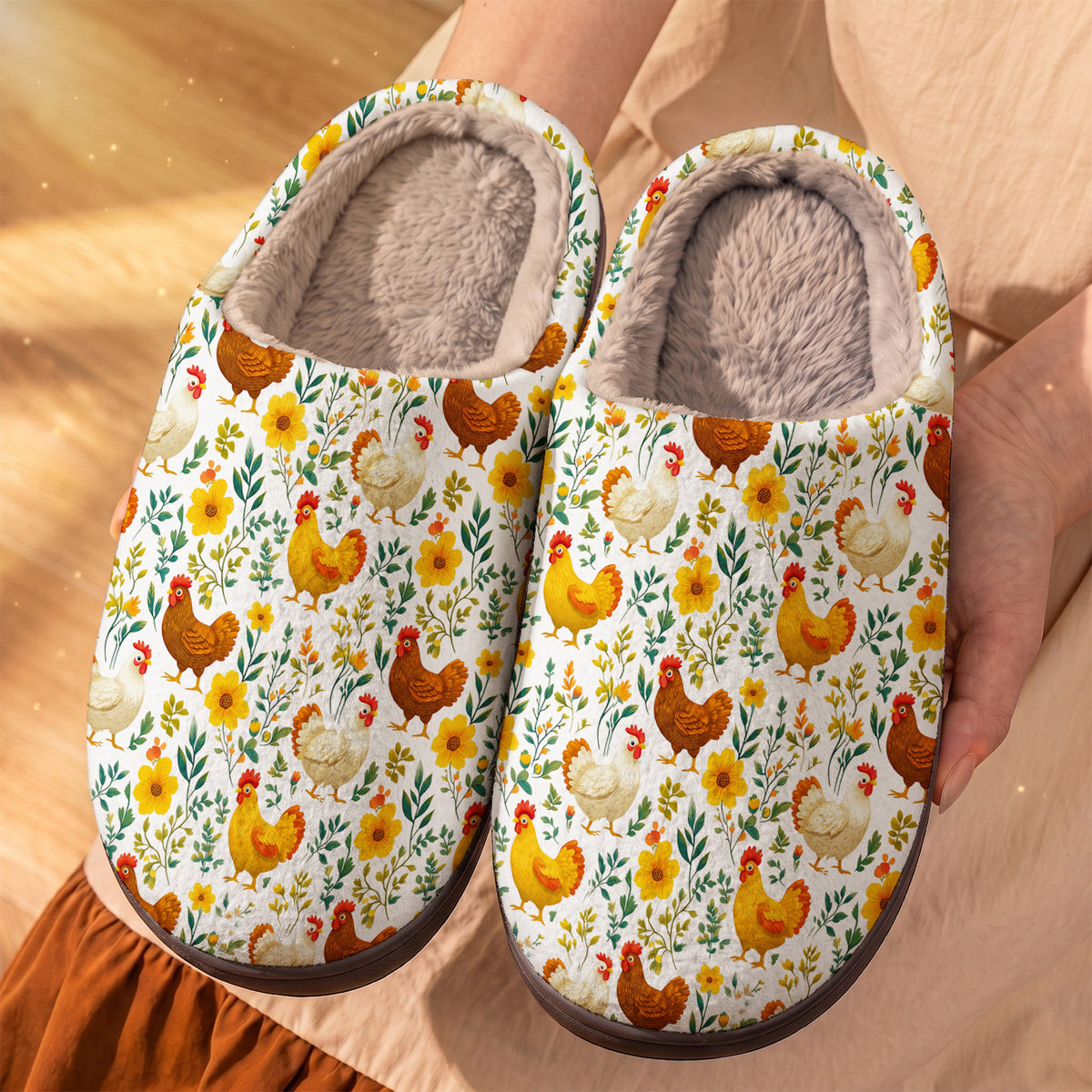 Cute Floral Chickens Fleece Lined Slippers