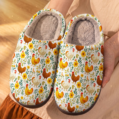Cute Floral Chickens Fleece Lined Slippers