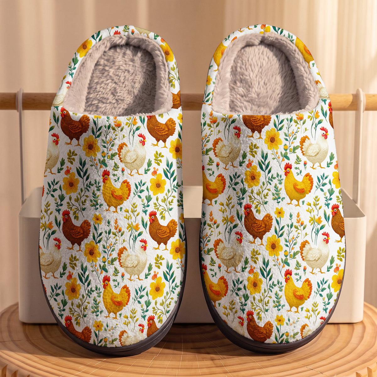Cute Floral Chickens Fleece Lined Slippers