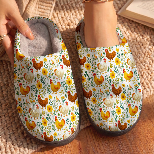 Cute Floral Chickens Fleece Lined Slippers