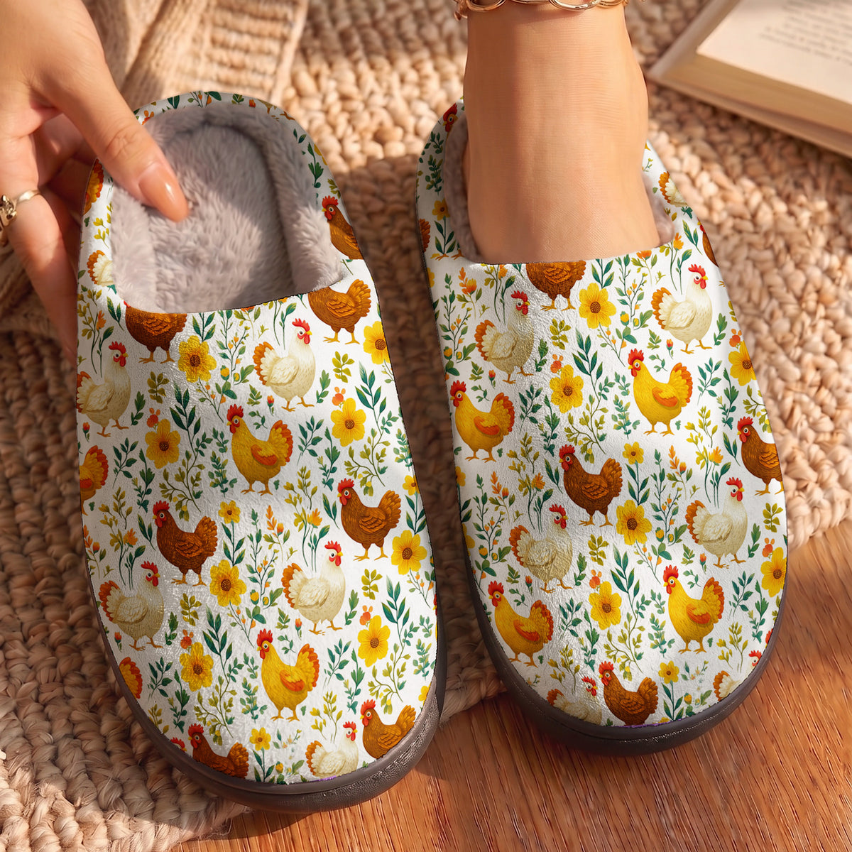 Cute Floral Chickens Fleece Lined Slippers