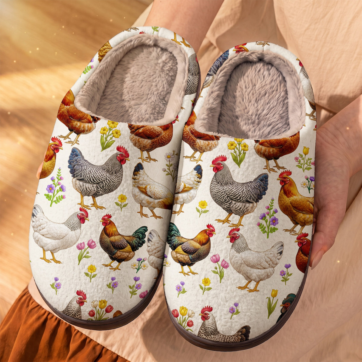 Floral Chicken In The Garden Fleece Lined Slippers