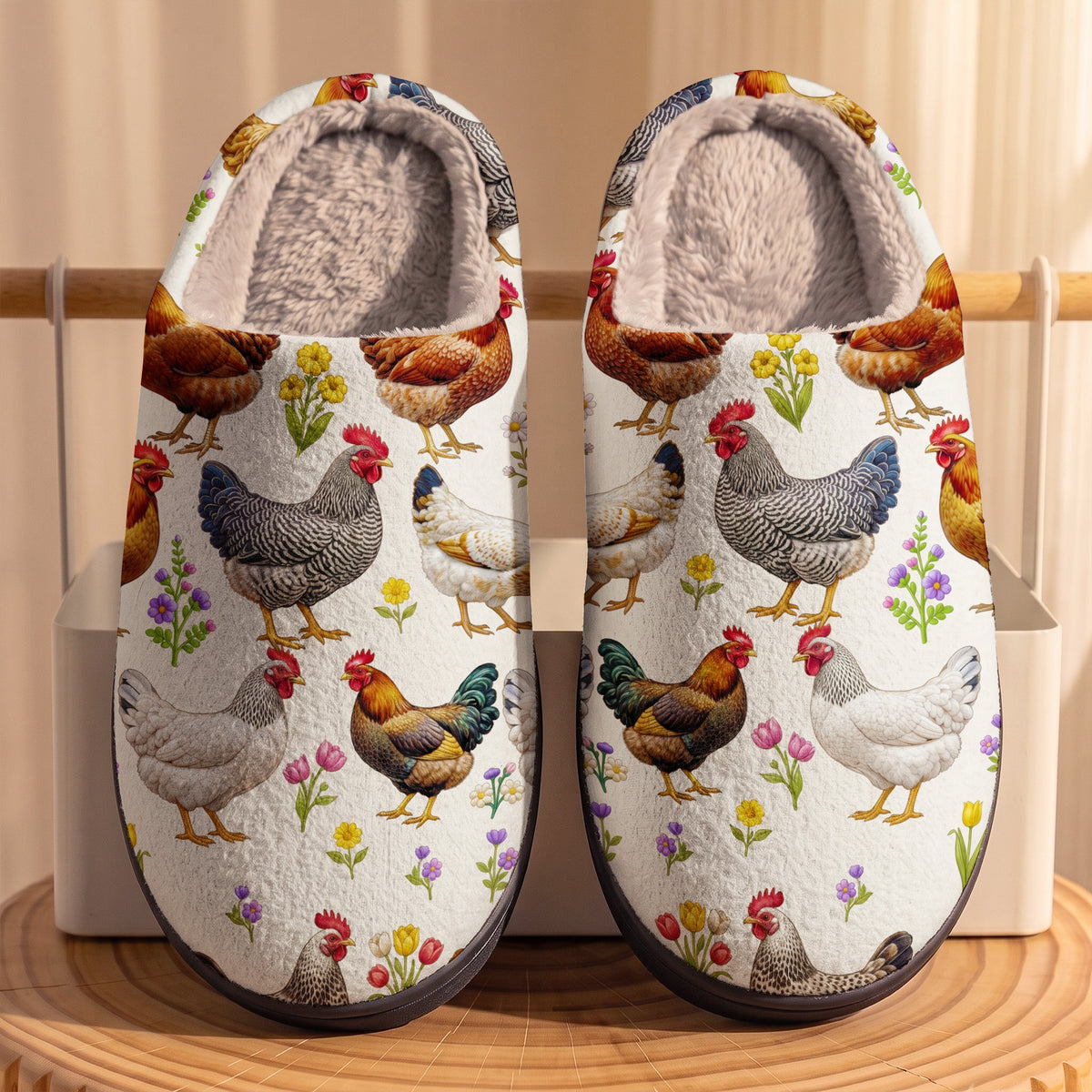 Floral Chicken In The Garden Fleece Lined Slippers