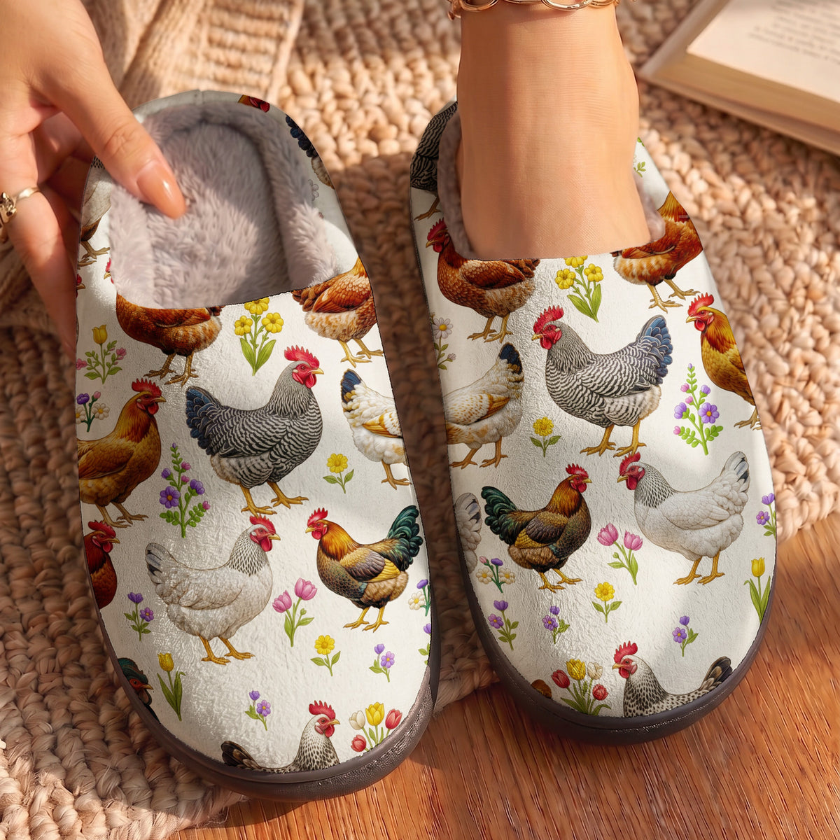Floral Chicken In The Garden Fleece Lined Slippers