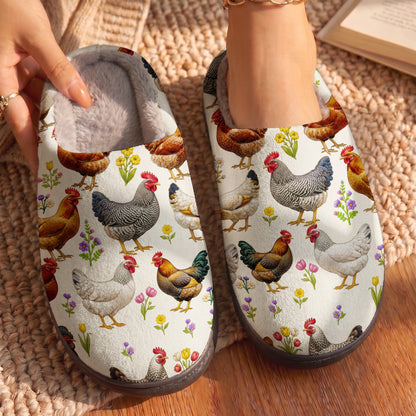 Floral Chicken In The Garden Fleece Lined Slippers