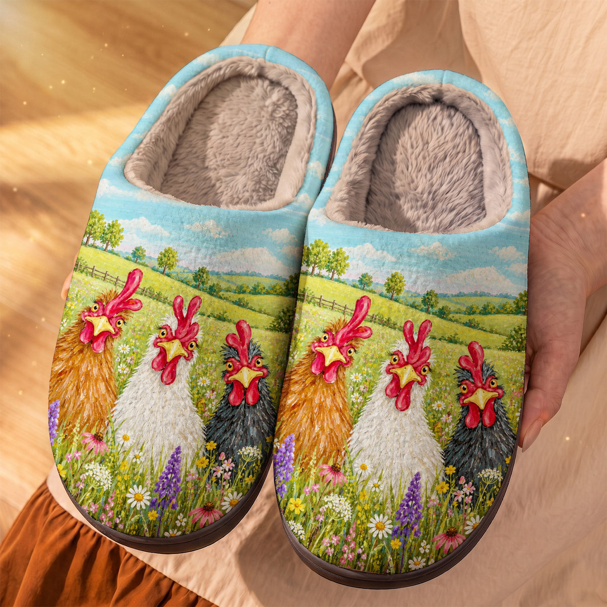 Chicken Fleece Lined Slippers Three Cheeky Hens in Bloom