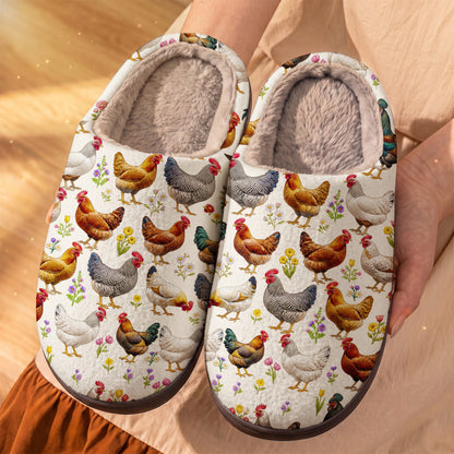 Floral Chicken In The Garden Fleece Lined Slippers
