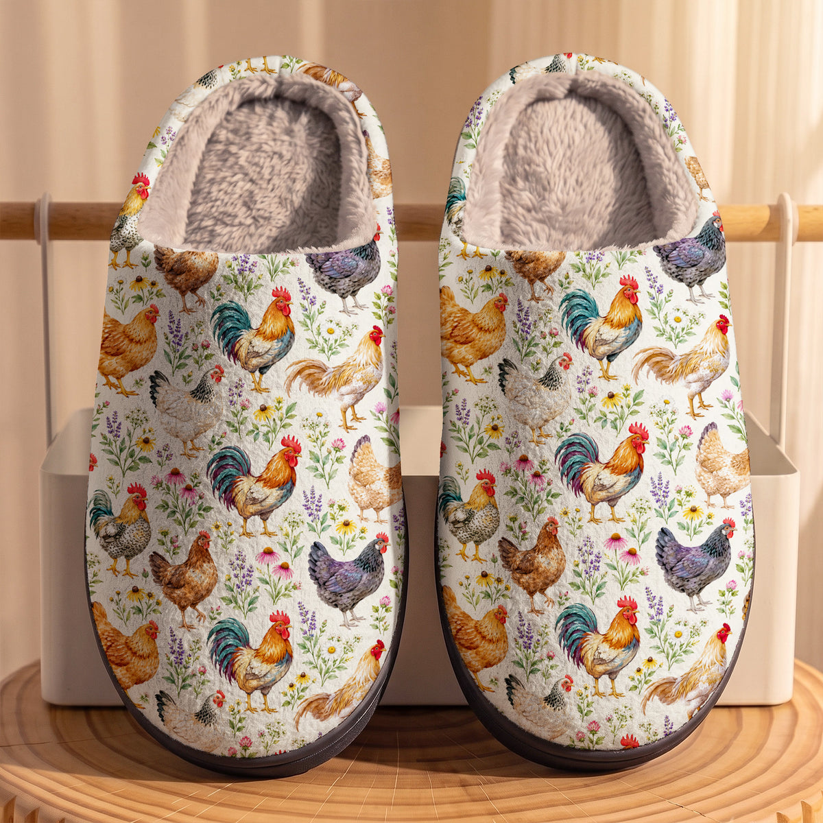 Chicken Fleece Lined Slippers Blooming Chicken Meadow