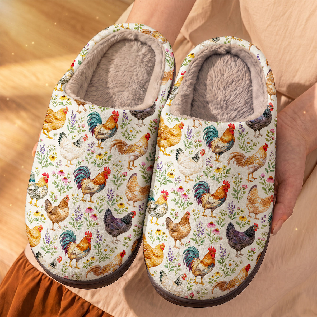 Chicken Fleece Lined Slippers Blooming Chicken Meadow